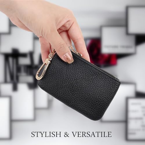 Full Grain Leather Coin Purse With Key Chain - Small Change Purse Card Holder Keychain Pouch Wallet for Women and Men (Black) - color: Black, Regular Size