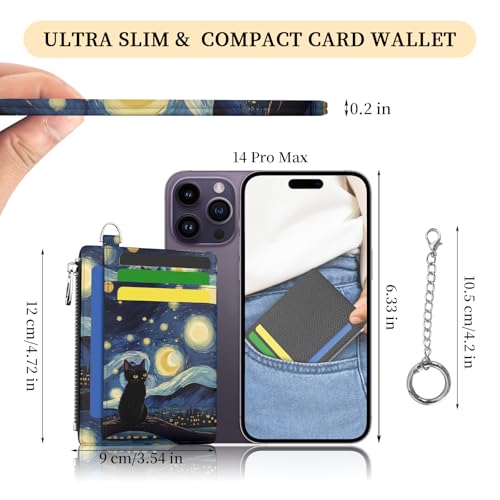Hancynir Black Cat Small Wallet Women Credit Card Holder, Slim RFID Cute | Zipper Keychain Wallet, Travel Coin Front Pocket, Ladies Women Gifts, Thin Minimalist Card Case, 6 Card Slots, PU Leather - color: Black Cat Keychain Wallet