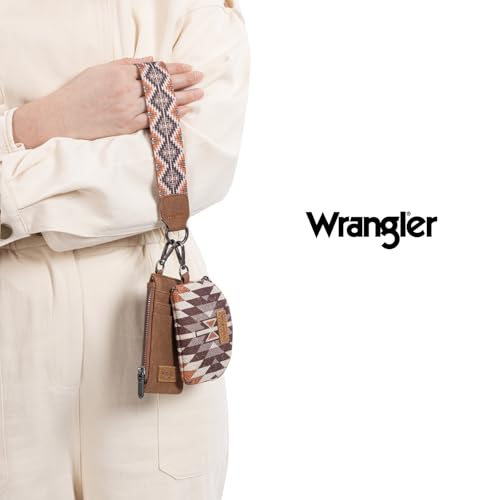 Wrangler Aztec Keychain Wristlet Wallets for Women Western Dual Pouch Wristlet Credit Card Holder Wallet with Zipper Pocket WG2213-W0051BR - color: Angel Brown
