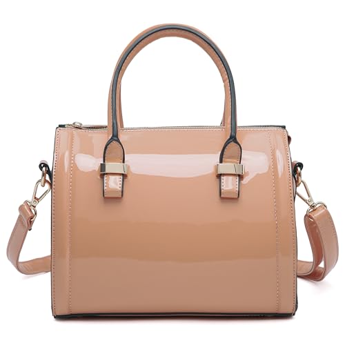 Shiny Patent Faux Leather Handbags Barrel Top Handle Purse Satchel Bag Shoulder Bag for Women - color: Pink