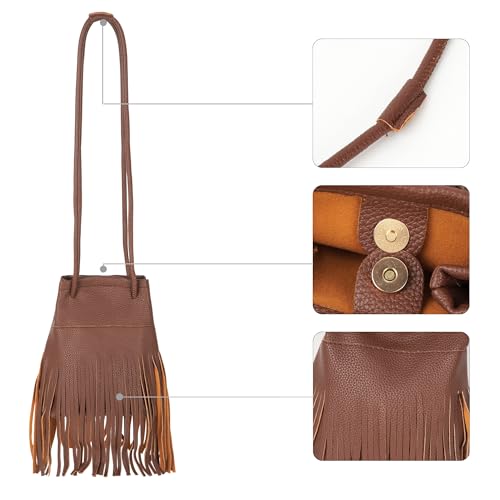 Women Mini Tassel PU Leather Crossbody Shoulder Bag Drawstring Bucket Bag | Small Fringe Cross body Bag Cell Phone Coin Purse Wallet - color: Coffee