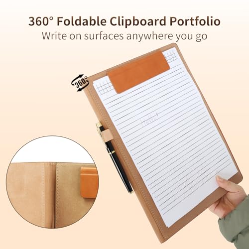 360° Foldable Clipboard Portfolio,A4 Letter Document Holder - color: Brown