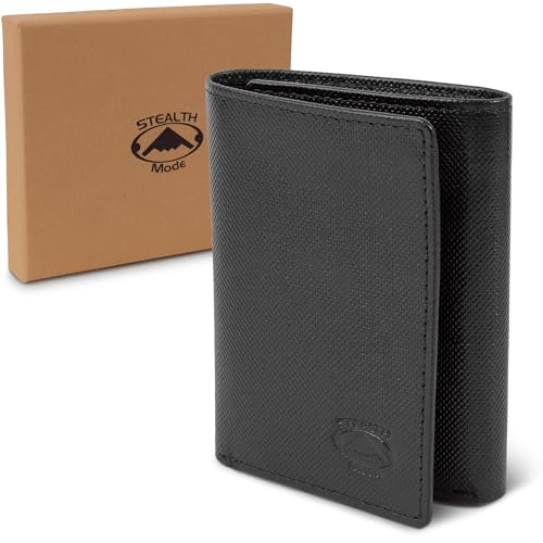 Stealth Mode Trifold Leather Wallet for Men with RFID Blocking | Black Crunch Top Grain Napa Leather, 9 Card Slots, ID Window, Gift Box – Gift for Dad, Husband, or Son - color: Black Crunch