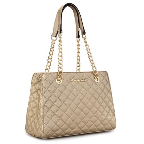 Montana West MEDIUM Tote Bag for Women Quilted Chain Handbags Shoulder Purse - color: 040gold