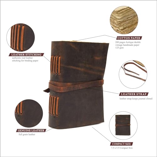 Leather Journal Travel Diary, Handmade Vintage Bound Notebook For Men & Women, Antique Finish, Genuine Buffalo Leather- Quality Unlined Paper Perfect for Notes, Art Sketchbook, 7X5 Inches, Brown - style: 7X5 Inches - Brown Unlined (Deckled Edge)