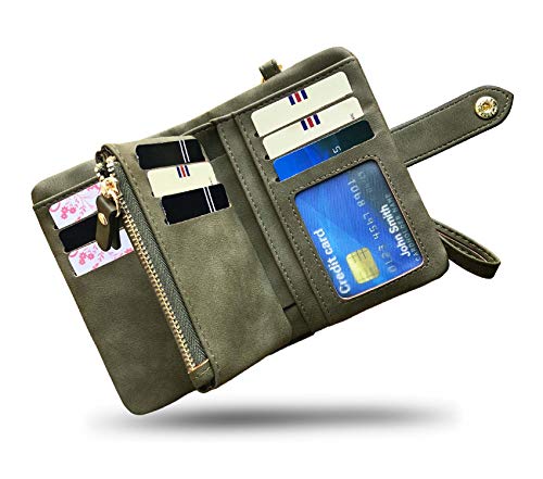 AOXONEL Women's Small Bifold Leather wallet Rfid blocking Ladies Wristlet with Card holder id window Coin Purse - color: Army Green