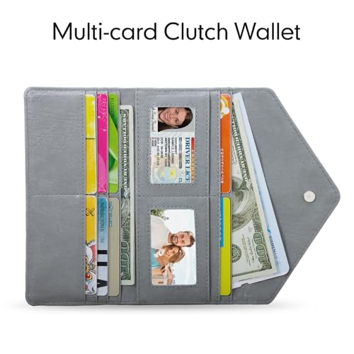 RFID Blocking Trifold Wallet for Women and Men, Vegan Leather Ultra Slim Envelope Style Multi-Card Holder with 2 ID Windows, Zippered Coin Pocket, Grey - color: Grey