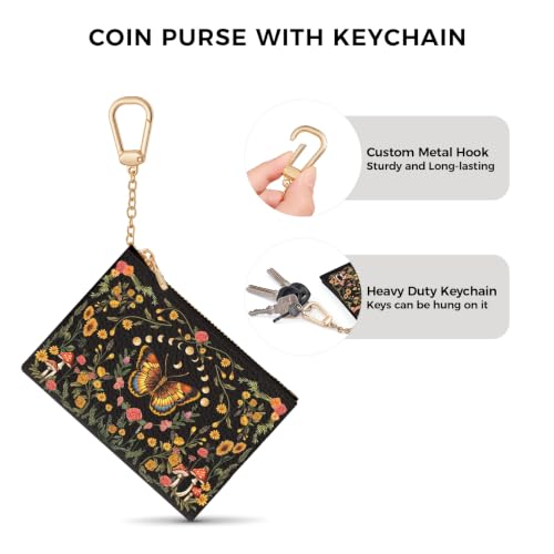 Butterfly Moon Keychain Coin Purse for Women, Small Change Pouch | Mushroom Floral Key Chain Purse, Tiny Zipper Pocket, PU Leather, Travel Wallet for Girls, Coin Holder, Key Ring, Women Gifts - color: Butterfly Moon