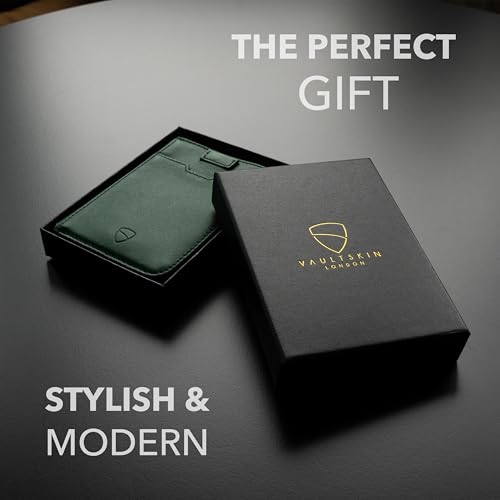 Vaultskin NOTTING HILL Slim Italian Leather Zip Around Wallet, RFID | Minimalist thin card holder for men and women, small coin purse, keychain D-ring, RFID blocking, 10 cards, cash, gift box - color: Alpine Green