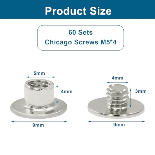 60 Sets Silver Chicago Screws, M5*4mm Leather Rivets Screw Rivets Buttons DIY Leather Trim Craft Bookbinding for Decorate Repair Belt Bag Shoes Purse - color: Silver