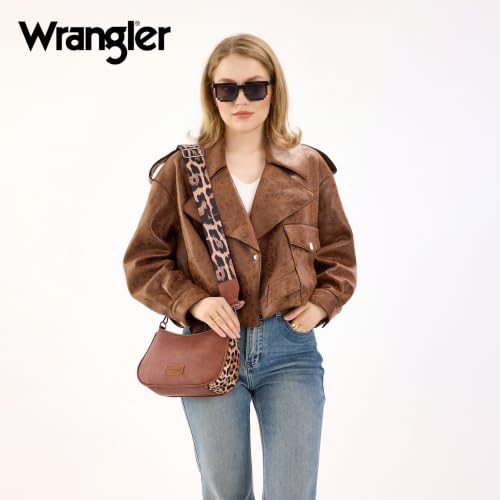 Wrangler Shoulder Bag for Women Western Small Purse Hobo Handbag | Aztec, Underarm Bag, 2 Detachable Straps, Secure Zipper Closure, Back Pocket, Crossbody Bag for dates, travel and everyday - color: Brown-leopard