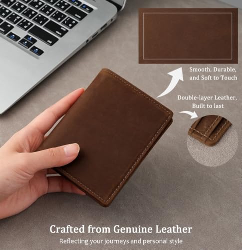 RFID Blocking Bifold Vertical Mens Wallet, Full Grain Leather | Genuine Leather, Compact Travel Design, ID Window, 7 Card Slots & 2 Cash Pockets, Gift Box, Coffee Brown - color: Coffee Brown