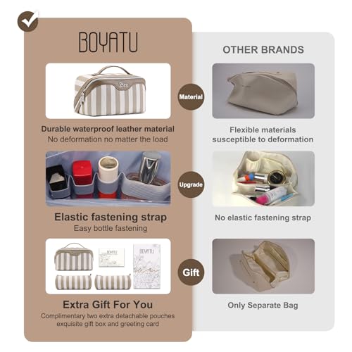 BOYATU Travel Makeup Bag for Women: 3 Pcs Set Striped Make up Bag,Apricot | Vegan Leather Cosmetic Bags with Compartments - Waterproof Large Capacity Toiletry Bags - 180° Open-Flat Makeup Organizer - color: A-6-Apricot