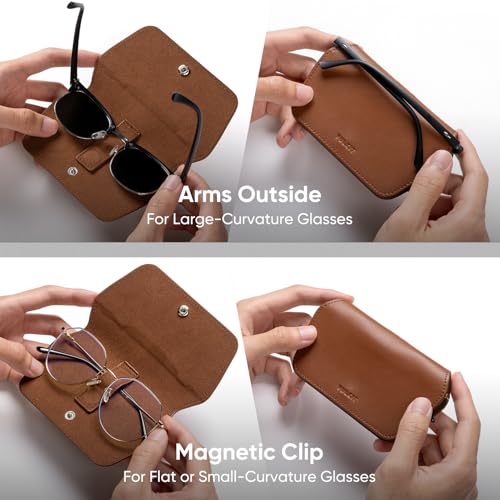 VULKIT Leather Glasses Case, Ultra Slim Sunglasses Case, Two Fixed Modes, Fits Most Eyeglasses & Sun Glasses - color: Mocha Tan