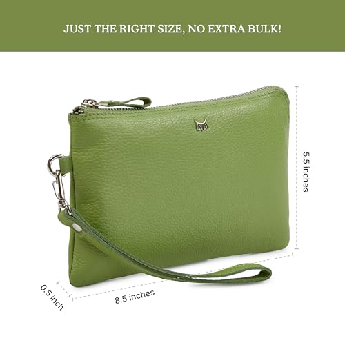Leather Wristlet Wallet for Women Clutch Handbag Purse with Cell Phone Slot | Genuine Top Grain Leather, 8 Credit Card Slots, Detachable Strap, YKK Zipper, Gifts for Women - color: Sage Nappa