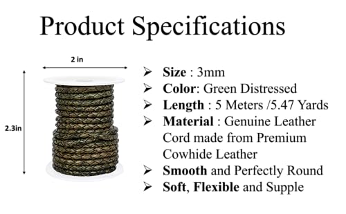 GENIQUE Real/Genuine Round Braided Leather Cord String Rope Folded, Leather Rope for Crafts, Jewelry Making, Necklace, Bracelets (Green Distressed, 3mm) - color: Green Distressed, size: 3mm