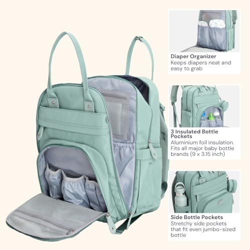 BabbleRoo Diaper Bag Backpack - Baby Essentials Travel Bag - Multi Function Water Resistant Diaper Bag, Travel Essentials Baby Bag with Changing Pad, Stroller Straps & Pacifier Case – Sage Green - color: Sage Green, size: Large