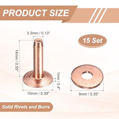 HARFINGTON 15Set Copper Rivets and Burrs Washers 10x3.3x14mm Dimpled Finish Solid Leather Rivet Fastener Studs Posts for Leather DIY Craft Belts Wallets Collars, Copper Tone - color: Copper Tone, size: 10x3.3x14mm