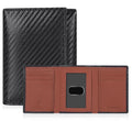Trifold Leather Wallet for Men - RFID Slim Minimalist Front Pocket 6 Slots - color: Black Carbon/Cognac