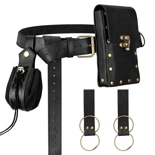 Renaissance Belt Pouch Medieval Pirate Costume Accessories Set for Cosplay | Viking Faux Leather Waist Bag, Skirt Hike Clips, Perfect for Women and Men Ren Faire, LARP, Fantasy, Halloween - color: Black