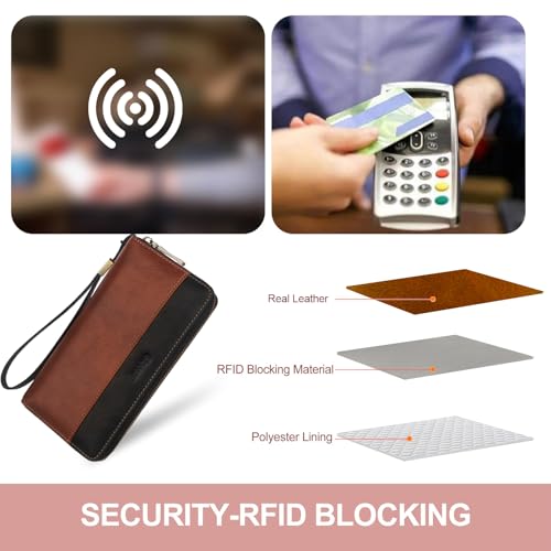 Leather Wallet for Women RFID Blocking Wristlet Wallet(brownblack) - color: a4-brownblack