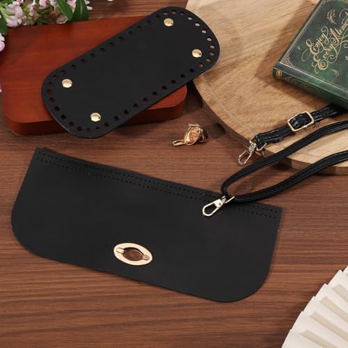 beinkmake PU Leather Purse Crochet Set, Black Oval Bag Bottom with Flap Cover and Adjustable Shoulder Strap, DIY PU Leather Bag Knitting Set for Handbag, Purse and Crossbody Bags Making - color: Black