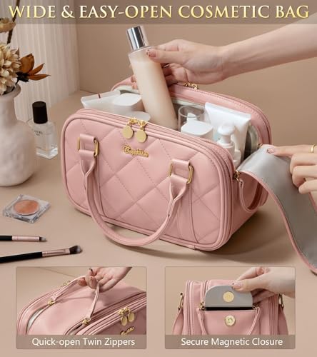 Bagstellar Travel Makeup Bag, Large Capacity Quilted Toiletry Bag for Women Stand-up Cosmetic Bag Open Flat Make Up Case Organizer Portable Pouch Purse w/Handle for Traveling Accessories, Pink - color: Pink