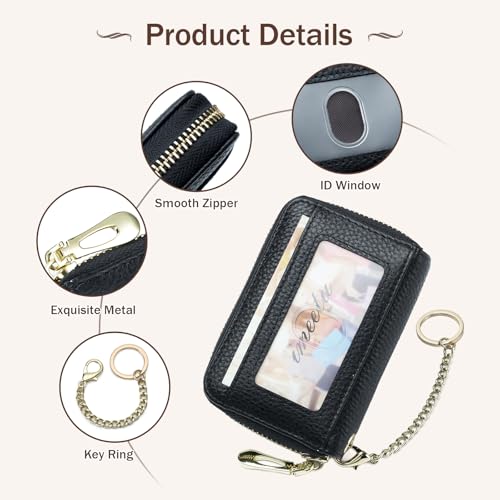 imeetu Rfid Credit Card Holder, Businese Card Case, Wallet for Women Men | Genuine Leather Card Wallet with id Window, Keychain & Double Zipper, Water-resistan Small Wallet with Gift Box, Daily Travel - color: Pro - Black