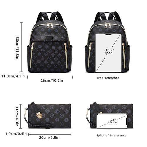 Makes Mini Backpack for Women, Small Casual Backpacks Daily Travel Bag 2pcs | Small Bookbag,Work Travel School PU Leather Shoulder Bag Mochilas Para Mujer Rucksack Gifts for Lady Girls Mother Wife - color: Black Flower