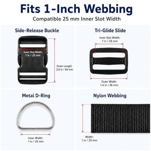 RNKP 1-Inch Buckle and Strap Kit, 12 Yards Nylon Webbing, D-Rings - size: 1" 12 Pcs Buckle Set