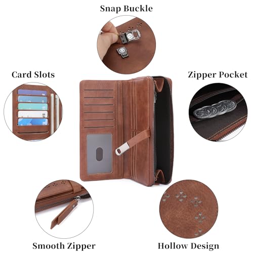 Wallet for Women Large Capacity RFID Blocking Leather Bifold Card Holder with Zipper Change Pocket - color: B01 Brown