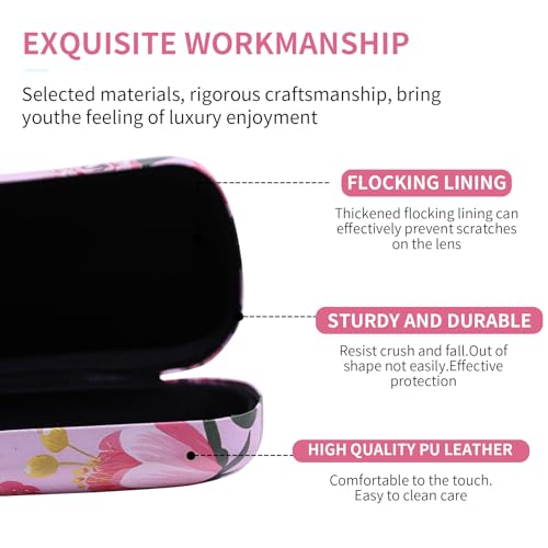 PERFECTSIGHT Sunglasses Case, Large Hard Shell Glasses Case, Cute PU Leather Protective Eyeglasses Case for Women Men - color: Pink Flower