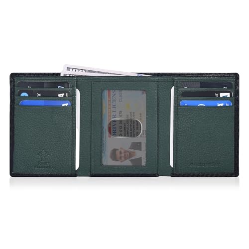 Trifold Leather Wallet for Men - RFID Slim Minimalist Front Pocket 6 Slots - color: Black Carbon/Green