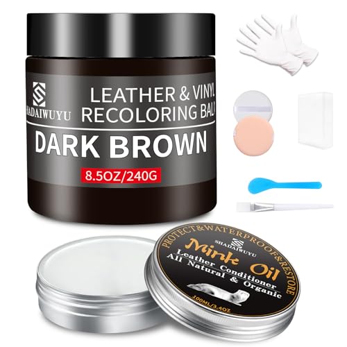 SHADAIWUYU 8.5oz Leather Recoloring Balm with 100ml Mink Oil,Dark Brown Leather Repair kit for Furniture and Car Interior,Leather Couch Scratch Repair,Leather Dye Paint,Mink Oil for Leather - color: Dark Brown, size: Leather Recoloring Balm+Mink Oil