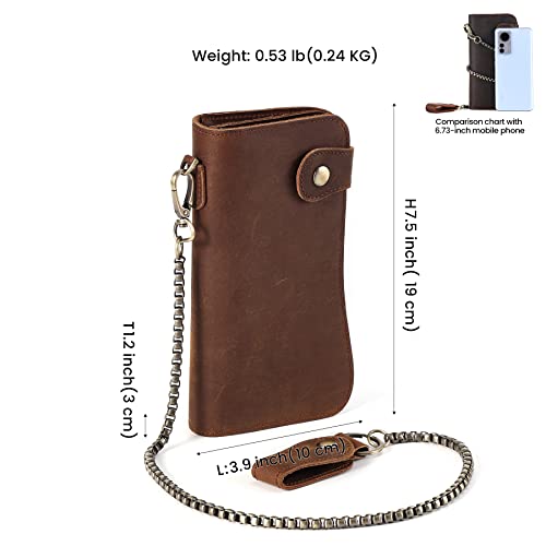 Vintage Crazy Horse Leather Wallet for Men with Detachable Chain, RFID Blocking Biker Long Wallet Holds Phone, Cash & 14+ Cards, Brown Motorcycle Rfid Wallet - color: Brown
