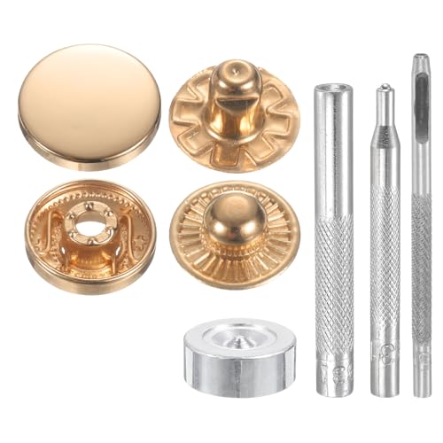 HARFINGTON 24Set Leather Snaps Fasteners Kit 17mm Dia Brass Press-Stud Cap Button 2.76" Length Metal Snap Buttons with 4 Install Tools for Coat Bag Leather Marine Boat Canvas, Gold - color: Gold, size: 17mm