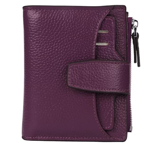 Women's RFID Blocking Leather Small Compact Bi-fold Zipper Pocket Wallet Card Case Purse with id Window - color: Lichee Dark Magenta
