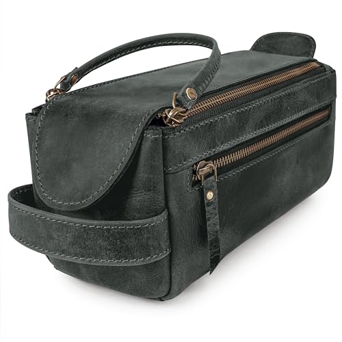 Premium Handmade Leather Toiletry Bags for Men and Women, Genuine Leather Dopp Kit and Shaving Bag for Men, Travel Cosmetic Bag for Women's and Men's, Zipper Pocket, Black - color: Distressed Black (Large)