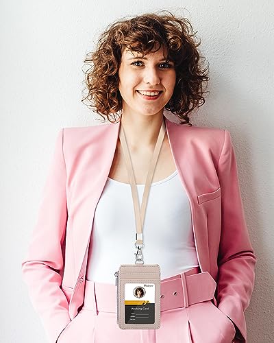 Teskyer ID Badge Holder with Lanyard, Lanyard Wallet, Lychee Beige - color: Lichee Beige, size: 3.1" x 4.7"
