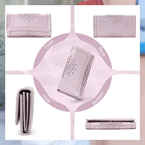 APHISON Womens Wallets RFID Blocking Leather Clutch Long Wallet for Women Card Holder Phone Organizer Ladies Travel Purse Hollow Out Sunflower Design Gift - color: D-purple