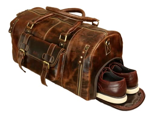 Genuine Full Grain Leather Carry On Travel Bag 21x11x10 with Trolley Straps, Shoe Compartment, Shoulder Strap by De Lira - Heritage Brown - color: Heritage Brown