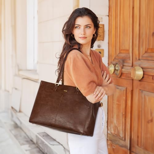 LOVEVOOK Laptop Tote Bag for Women,Leather Work Computer Briefcase Bag - color: Dark Brown, size: 15.6 inch
