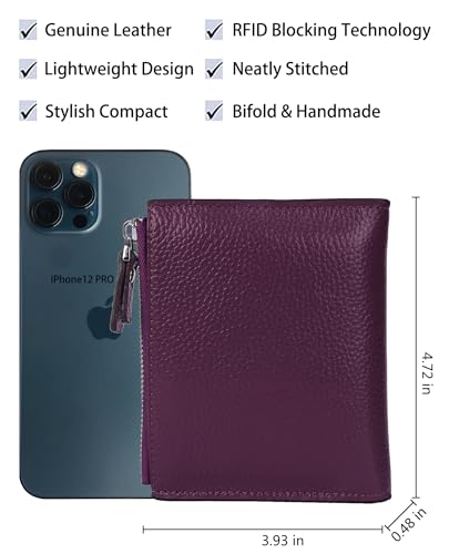 Women's RFID Blocking Leather Small Compact Bi-fold Zipper Pocket Wallet Card Case Purse with id Window - color: Lichee Dark Magenta
