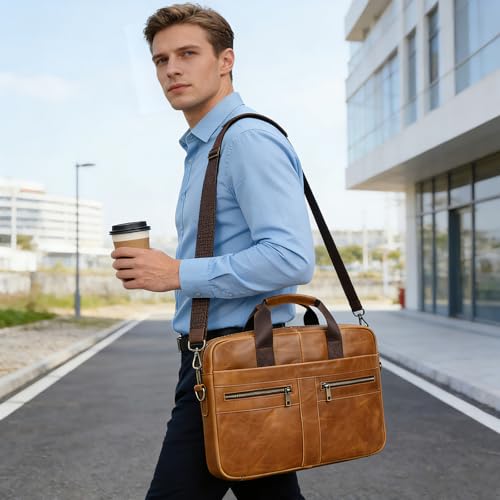 Genuine Leather Briefcase for Men, Laptop Computer Shoulder Bag With Strap, 15.6 Inch Business Travel Work Handbag - color: 3316 Yellow Brown