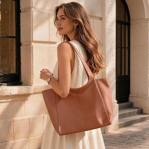 befen Soft Genuine Leather Tote Bag for Women Work with Zipper Slouchy Bags | Real Leather, Slouchy Shoulder Bag, Cup Holder, Travel Purse, Handbag for Daily & Travel, Zipper Tote Bag - color: Cognac Brown
