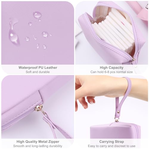 Sanitary Napkin Period bag for Women, Sanitary Napkin Storage Bag, PU Leather Sanitary Pad Bags Pounch, Portable Tampons Zipper Organizer Bag with Handle for Ladies - color: Purple
