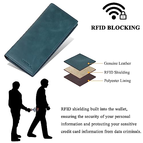 VISOUL Leather Checkbook Cover Wallet for Men with RFID Blocking, Mens Long Bifold Cash Tall Wallet with 11 Credit Card Slots 1 ID Window (Dark Blue) - color: Dark Blue