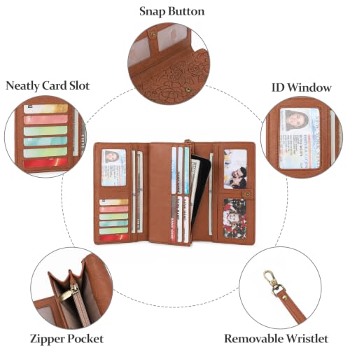 GAEKEAO Wallets for Women Vegan Leather RFID Blocking Card Holder Trifold Ladies Long Purse Wristlet Clutch with 3 ID Windows - color: Brown