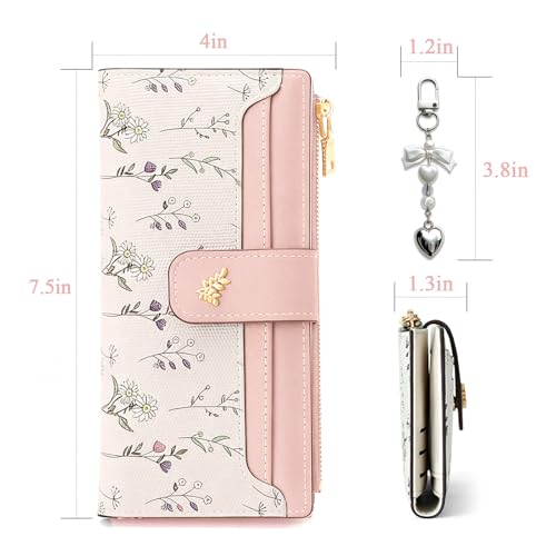 Women's Bifold Long Wallet, Slim & Thin RFID Blocking Floral Vegan Leather Card Holder with Bow Keychain (Pink) - color: Pink