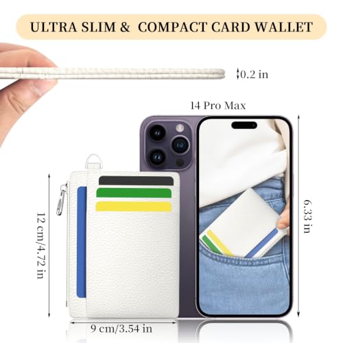 Hancynir White Minimalist Small Wallet Women Credit Card Holder RFID Slim | Zipper Pocket Wallet, Thin Travel Coin Purse, Ladies Women Mens Gifts, Cute Card Case, 6 Card Slots, ID Window, PU Leather - color: 01-Lichee White-03